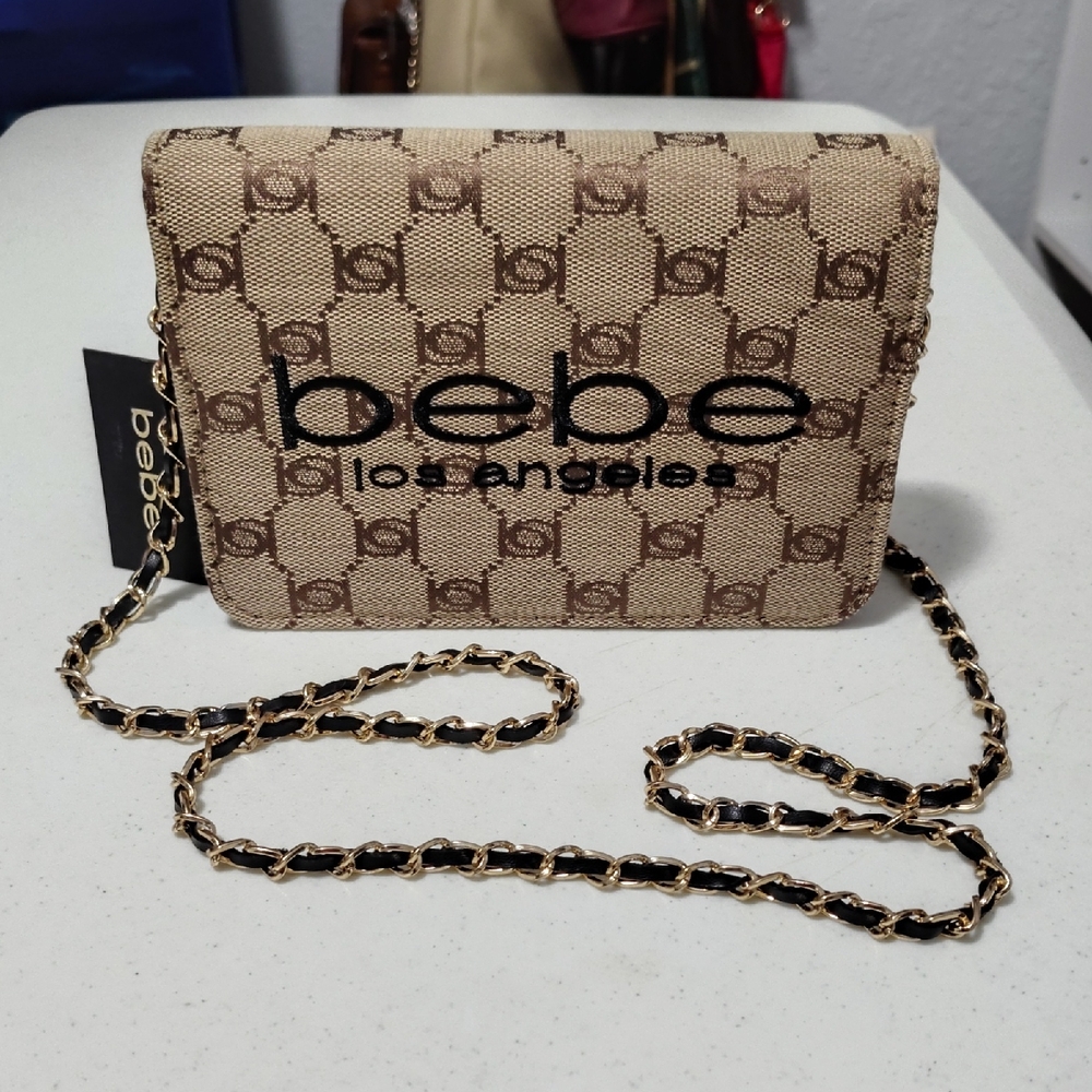 Bebe Beige and Brown Monogram Chain Crossbody Bag